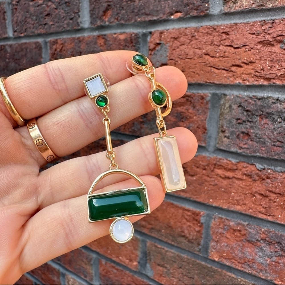 Gold Green Asymmetrical Geometric Earrings - Picture 13 of 13